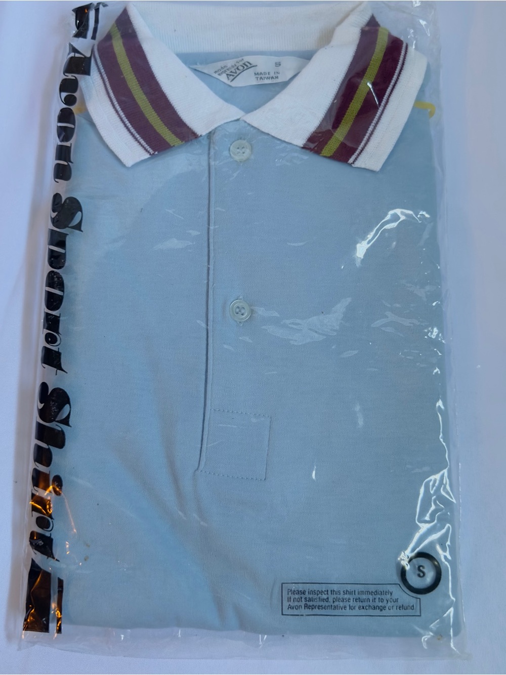 Vintage Avon SZ S Short Sleeve Light Blue Polo Shirt with White Striped Collar
